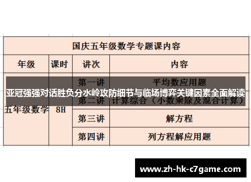 亚冠强强对话胜负分水岭攻防细节与临场博弈关键因素全面解读