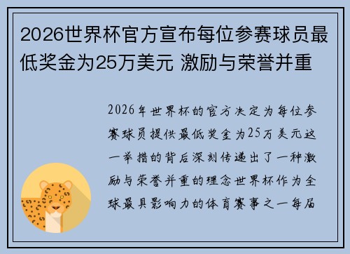 2026世界杯官方宣布每位参赛球员最低奖金为25万美元 激励与荣誉并重 2026世界杯官方宣布每位参赛球员最低奖金为25万美元 激励与荣誉并重