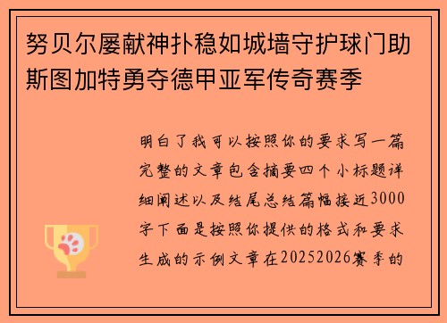 努贝尔屡献神扑稳如城墙守护球门助斯图加特勇夺德甲亚军传奇赛季 努贝尔屡献神扑稳如城墙守护球门助斯图加特勇夺德甲亚军传奇赛季